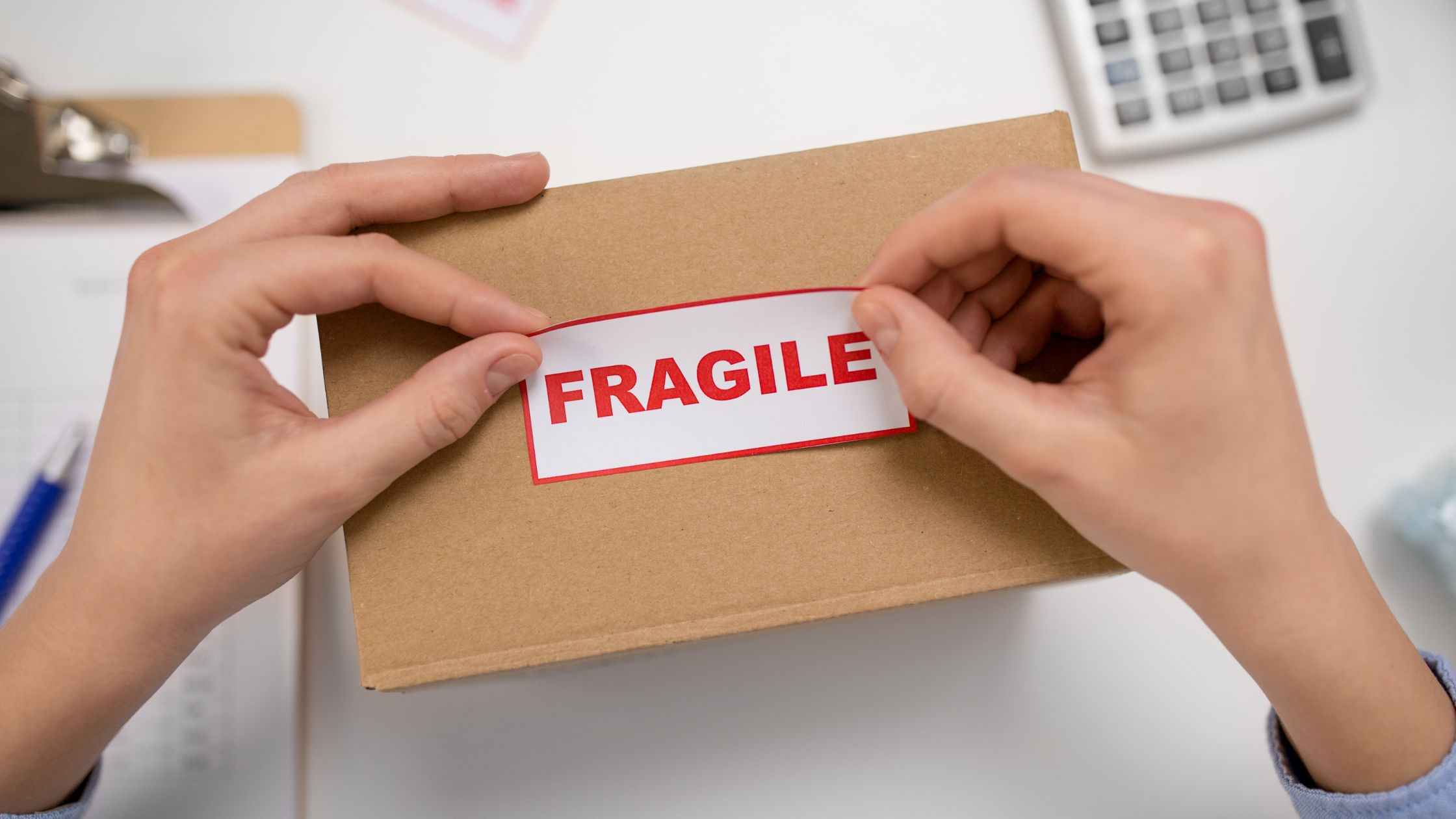 Woman Sticking Fragile Mark to a Shipping Box