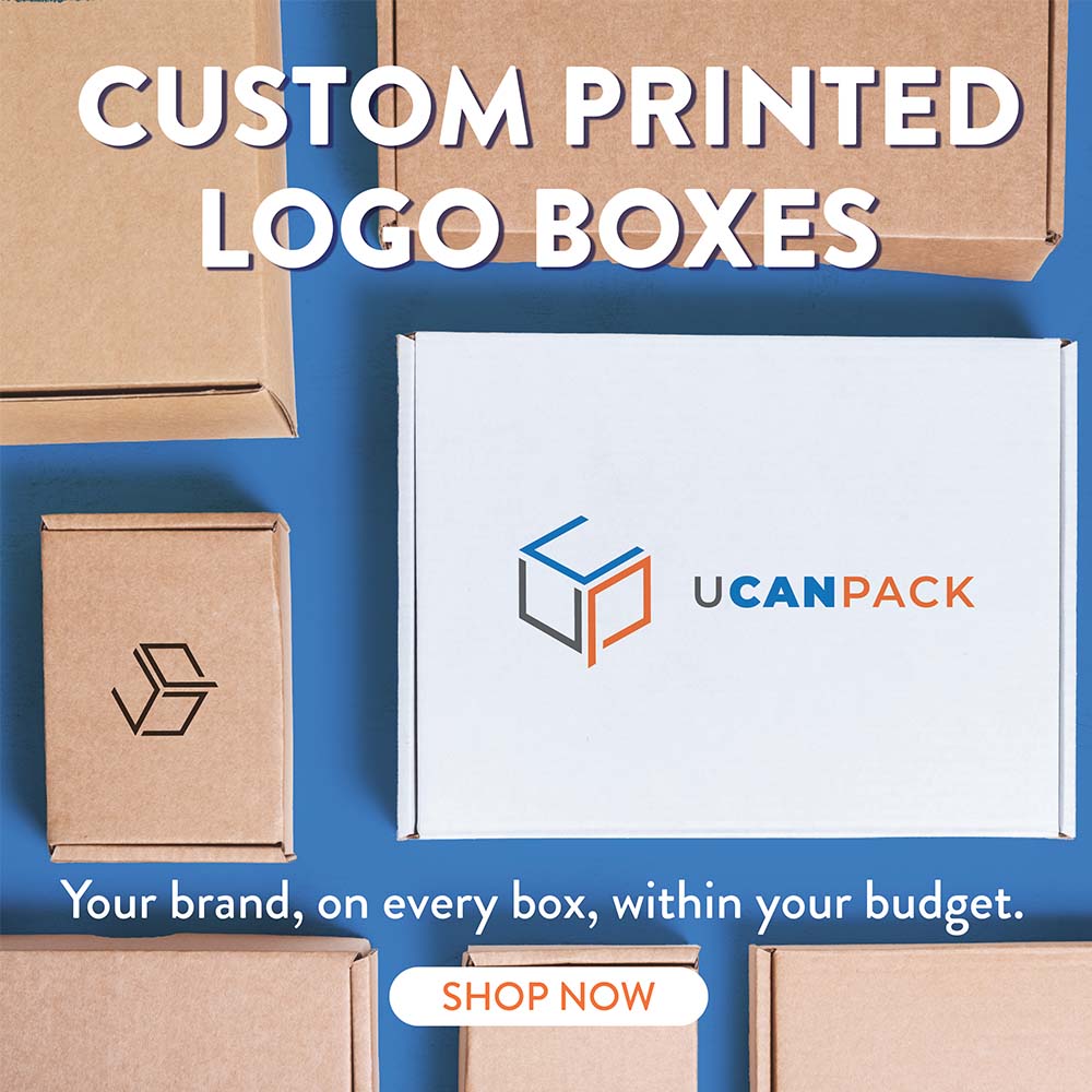 Top-down example of a white UCanPack logo mailer surrounded by kraft boxes