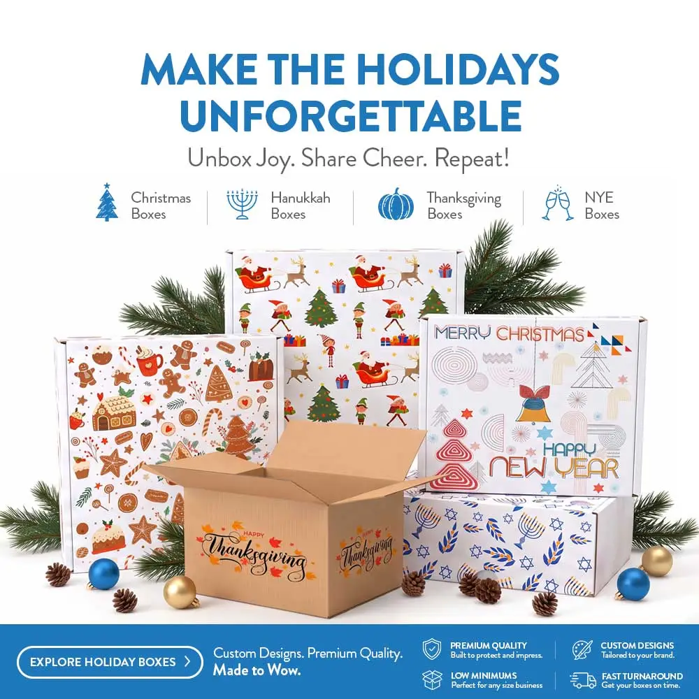 Holiday-themed custom printed mailer boxes with exterior artwork for Christmas, Hanukkah, Thanksgiving and New Year