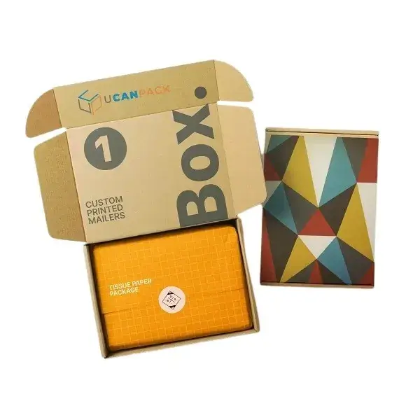 UCanPack-branded kraft mailer with a multicolor geometric print sample