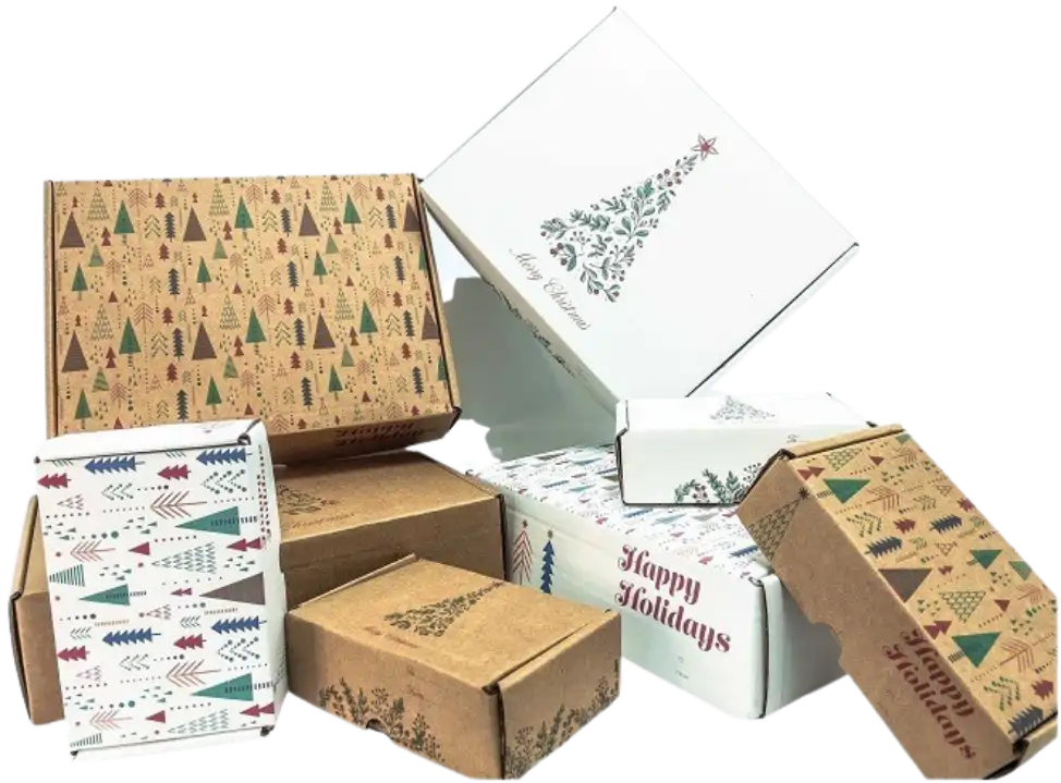 Kraft and white mailer boxes with exterior print examples